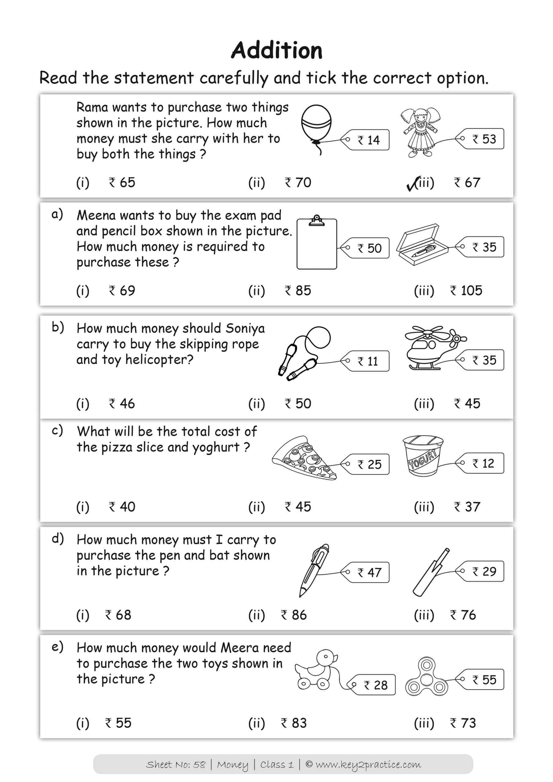 Maths Worksheets Grade 1 Chapter Money Key2practice Workbooks