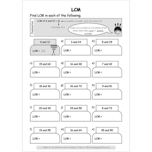 worksheets hcf lcm grade 4 maths key2practice workbooks
